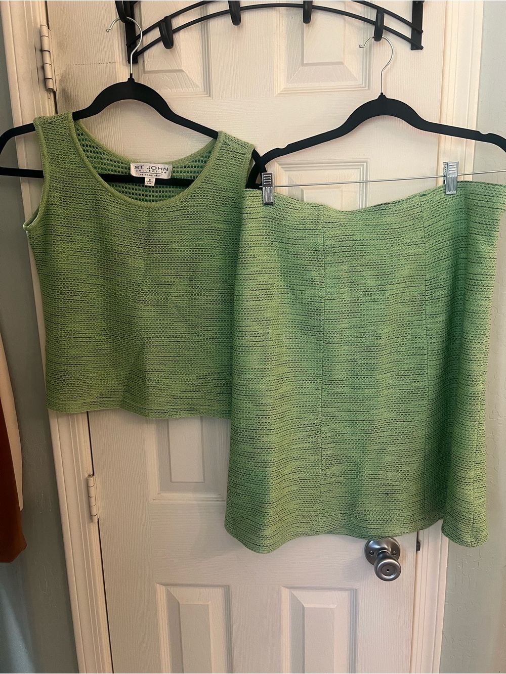 St. John 90’s knit green skirt set top is small skirt is 10